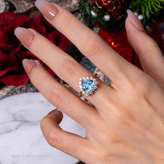 3CT Heart Cut Aquamarine Ring Halo Promise Ring