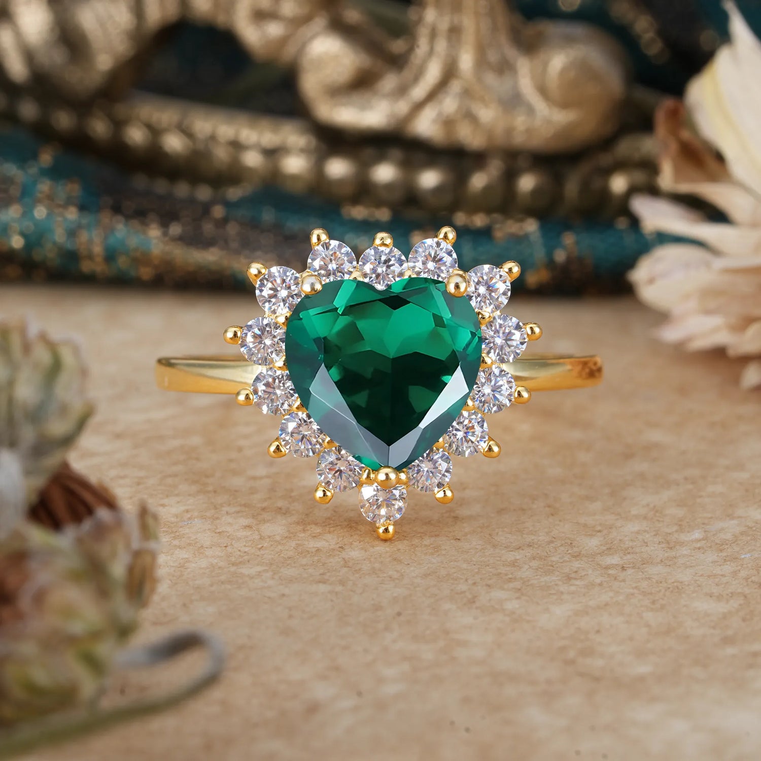 3CT Heart Cut 3 Prong Emerald Ring Halo Promise Ring - Romalar Jewelry