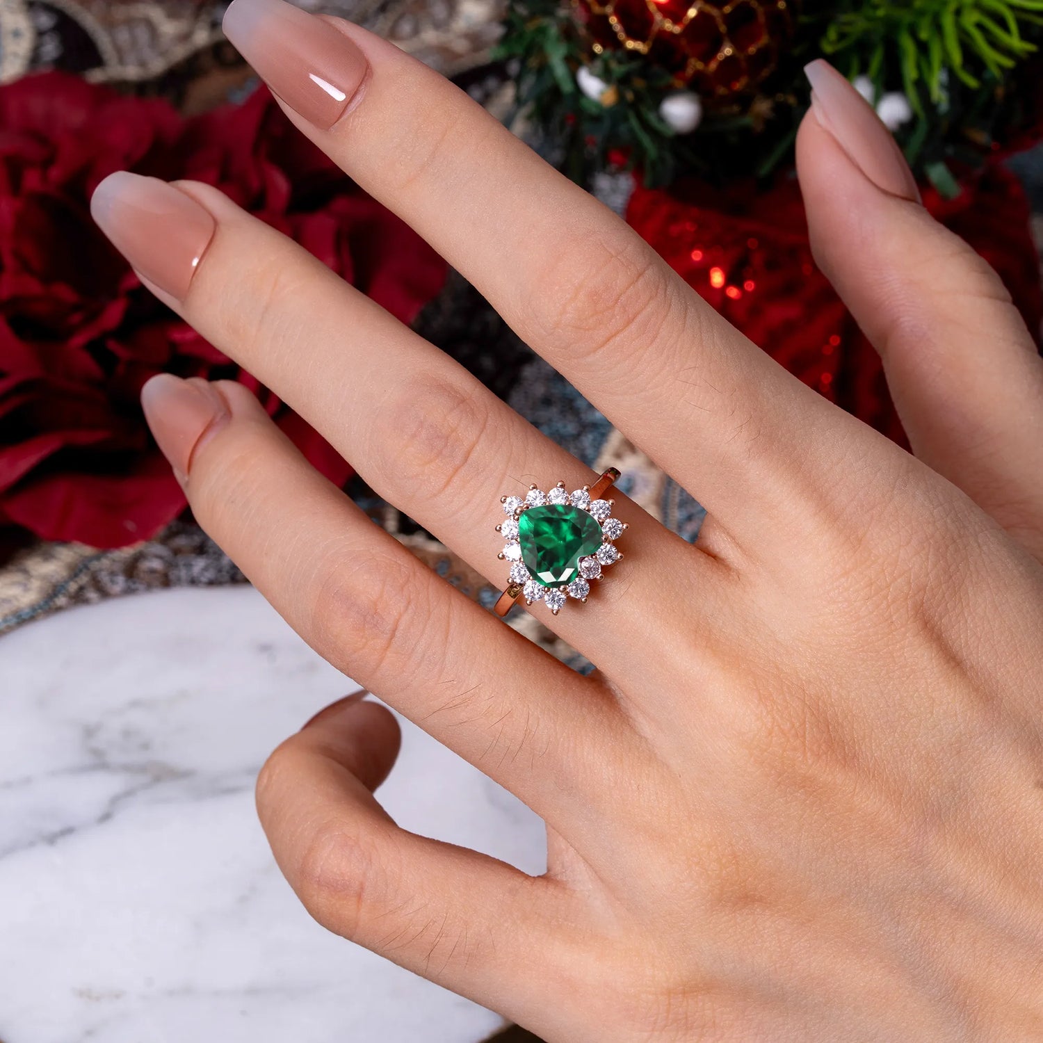 3CT Heart Cut 3 Prong Emerald Ring Halo Promise Ring - Romalar Jewelry