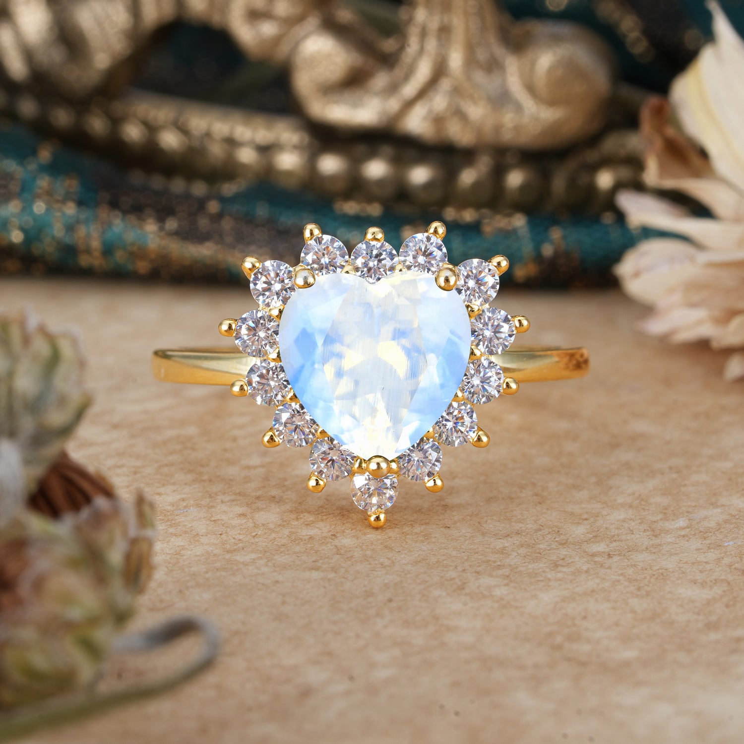 3CT Heart Cut Moonstone Ring Halo Promise Ring - Romalar Jewelry
