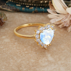 3CT Heart Cut Garnet Moonstone Ring Halo Promise Ring