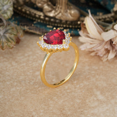 3CT Heart Cut Ruby Engagement Ring Halo Promise Ring
