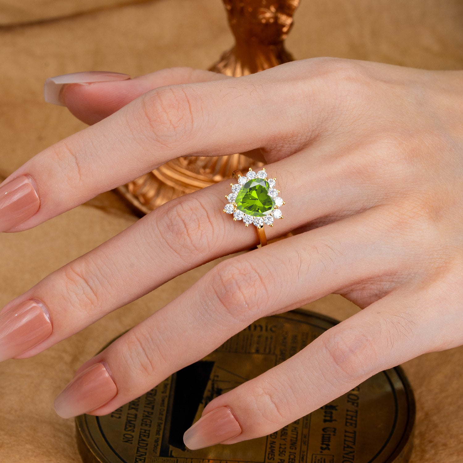 3CT Heart Cut Peridot Ring Halo Promise Ring