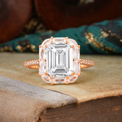 4CT Emerald Cut 8 Prong Moissanite Engagement Ring Pave Halo Bridal Ring