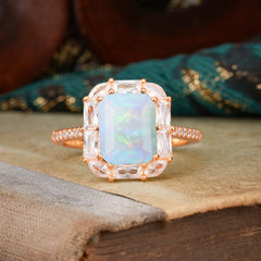 4CT Emerald Cut 8 Prong Opal Engagement Ring Pave Halo Bridal Ring