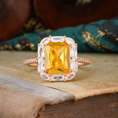4CT Emerald Cut Citrine Engagement Ring Pave Halo Bridal Ring