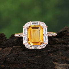 4CT Emerald Cut Citrine Engagement Ring Pave Halo Bridal Ring