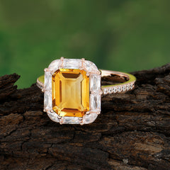 4CT Emerald Cut Citrine Engagement Ring Pave Halo Bridal Ring
