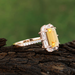 4CT Emerald Cut Citrine Engagement Ring Pave Halo Bridal Ring