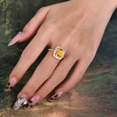 4CT Emerald Cut Citrine Engagement Ring Pave Halo Bridal Ring