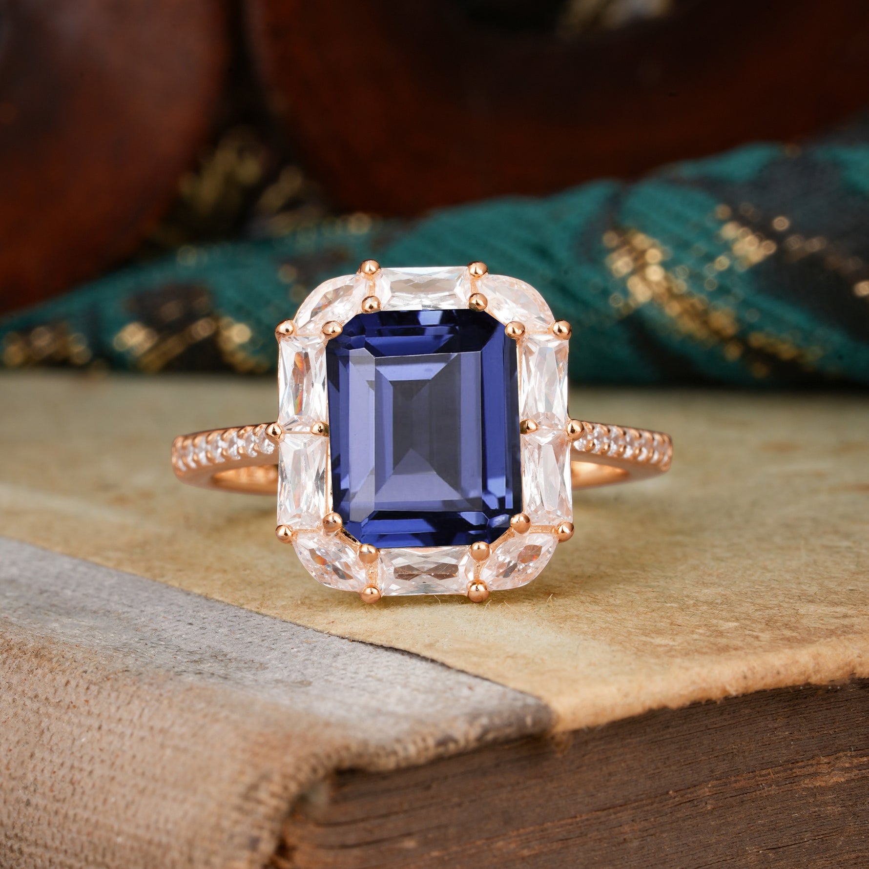 4CT Emerald Cut Tanzanite Engagement Ring Pave Halo Bridal Ring     - Additional view