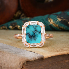 4CT Emerald Cut 8 Prong Turquoise Engagement Ring Pave Halo Bridal Ring