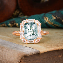 4CT Emerald Cut Moss Agate Engagement Ring Pave Halo Bridal Ring