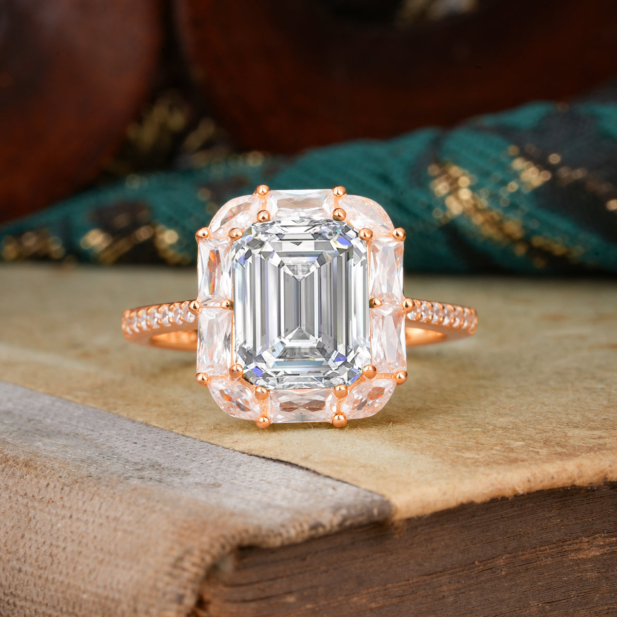 4CT Emerald Cut Lab Diamond Engagement Ring Pave Halo Bridal Ring     - Additional view