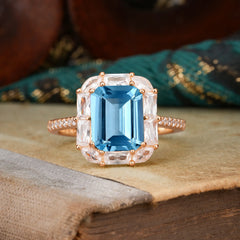 4CT Emerald Cut 8 Prong Aquamarine Engagement Ring Pave Halo Bridal Ring