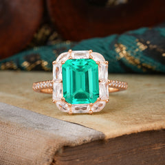 4CT Emerald Cut 8 Prong Emerald Engagement Ring Pave Halo Bridal Ring