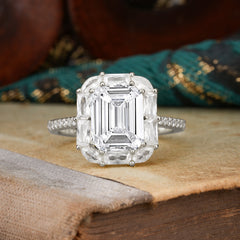 4CT Emerald Cut 8 Prong Moissanite Engagement Ring Pave Halo Bridal Ring