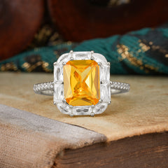 4CT Emerald Cut Citrine Engagement Ring Pave Halo Bridal Ring