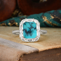 4CT Emerald Cut 8 Prong Turquoise Engagement Ring Pave Halo Bridal Ring