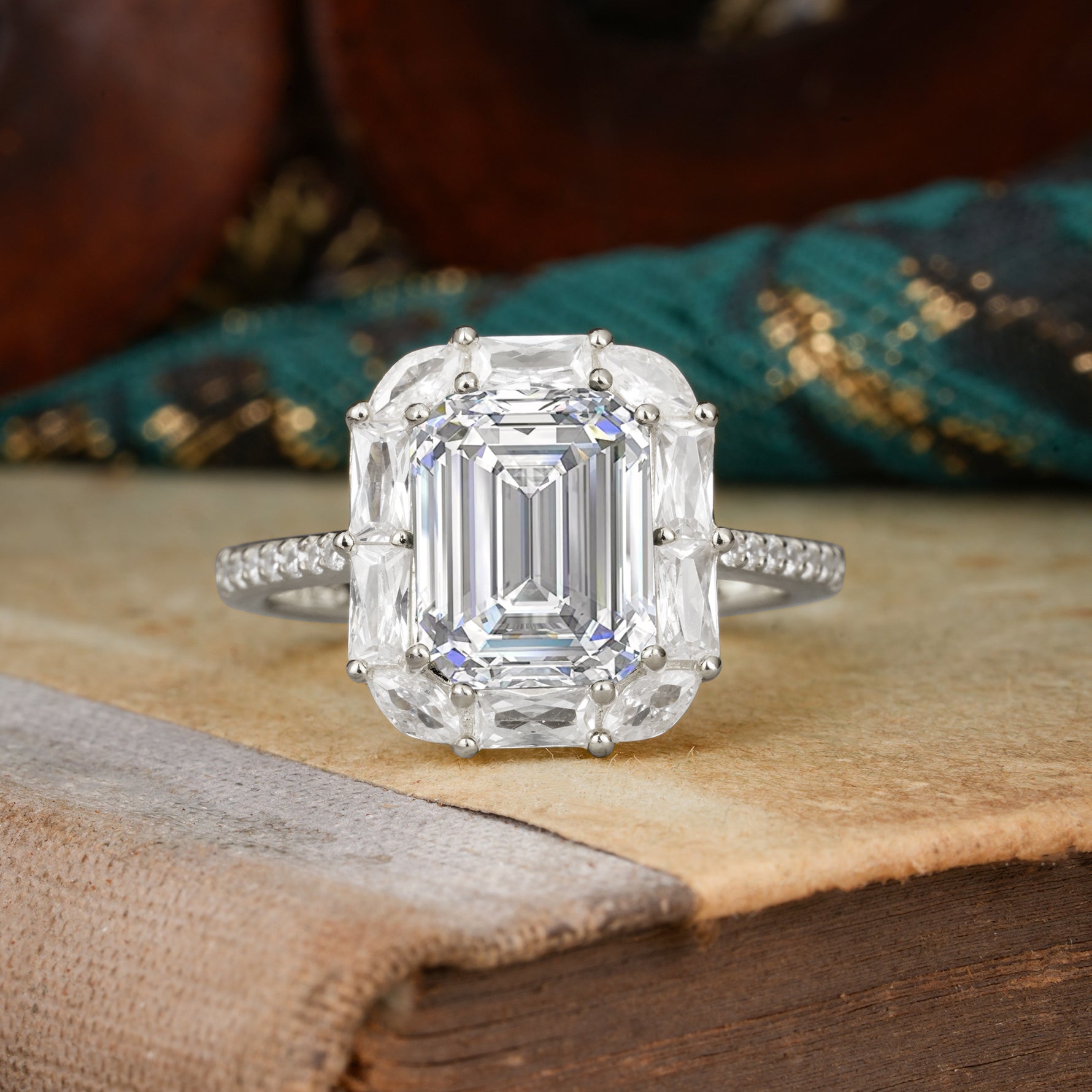 4CT Emerald Cut Lab Diamond Engagement Ring Pave Halo Bridal Ring     - Additional view