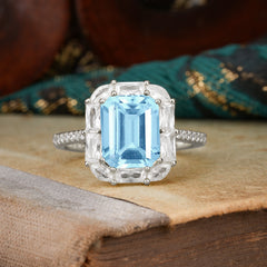 4CT Emerald Cut 8 Prong Aquamarine Engagement Ring Pave Halo Bridal Ring