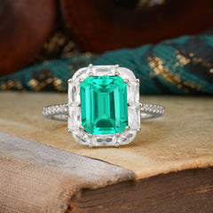4CT Emerald Cut 8 Prong Emerald Engagement Ring Pave Halo Bridal Ring