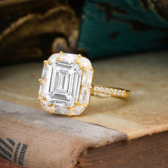 4CT Emerald Cut 8 Prong Moissanite Engagement Ring Pave Halo Bridal Ring
