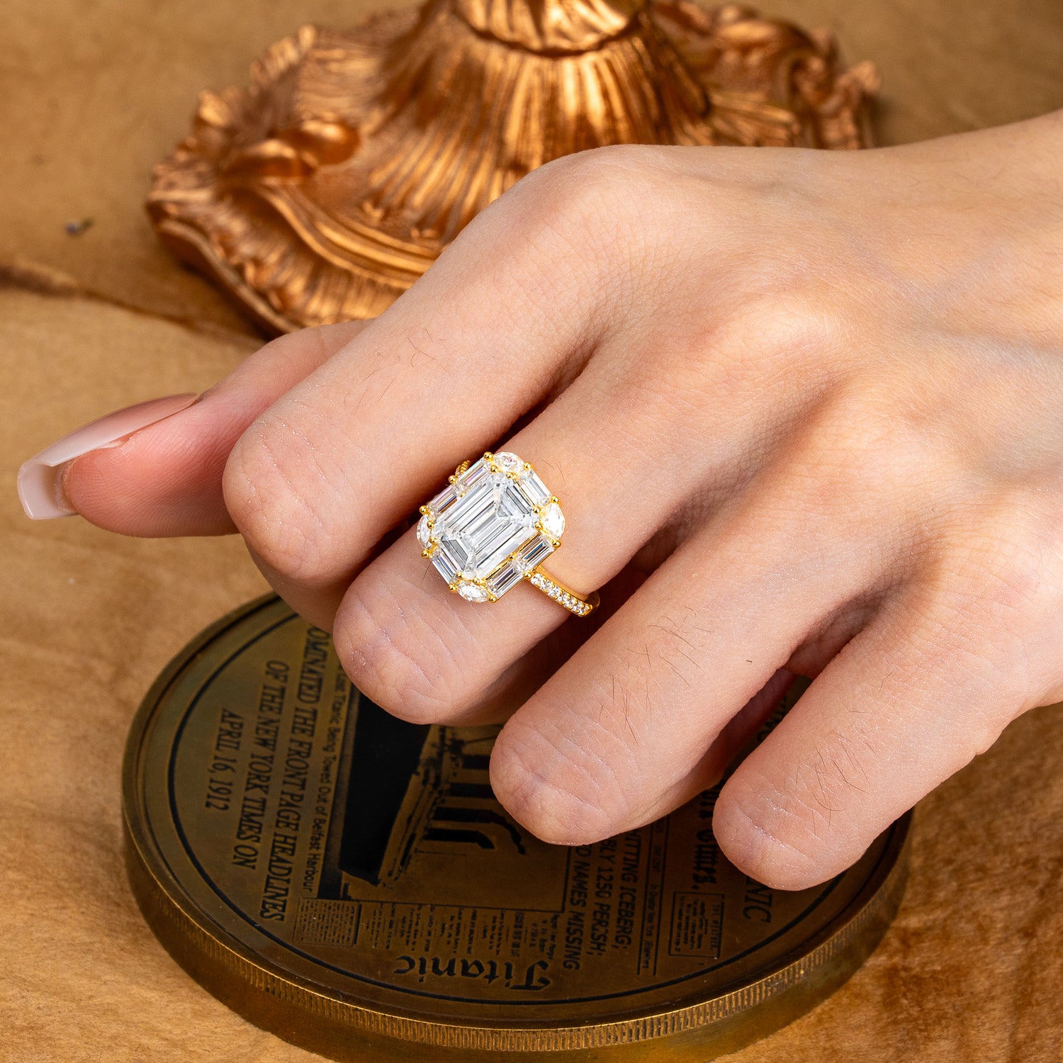 4CT Emerald Cut 8 Prong Moissanite Engagement Ring Pave Halo Bridal Ring