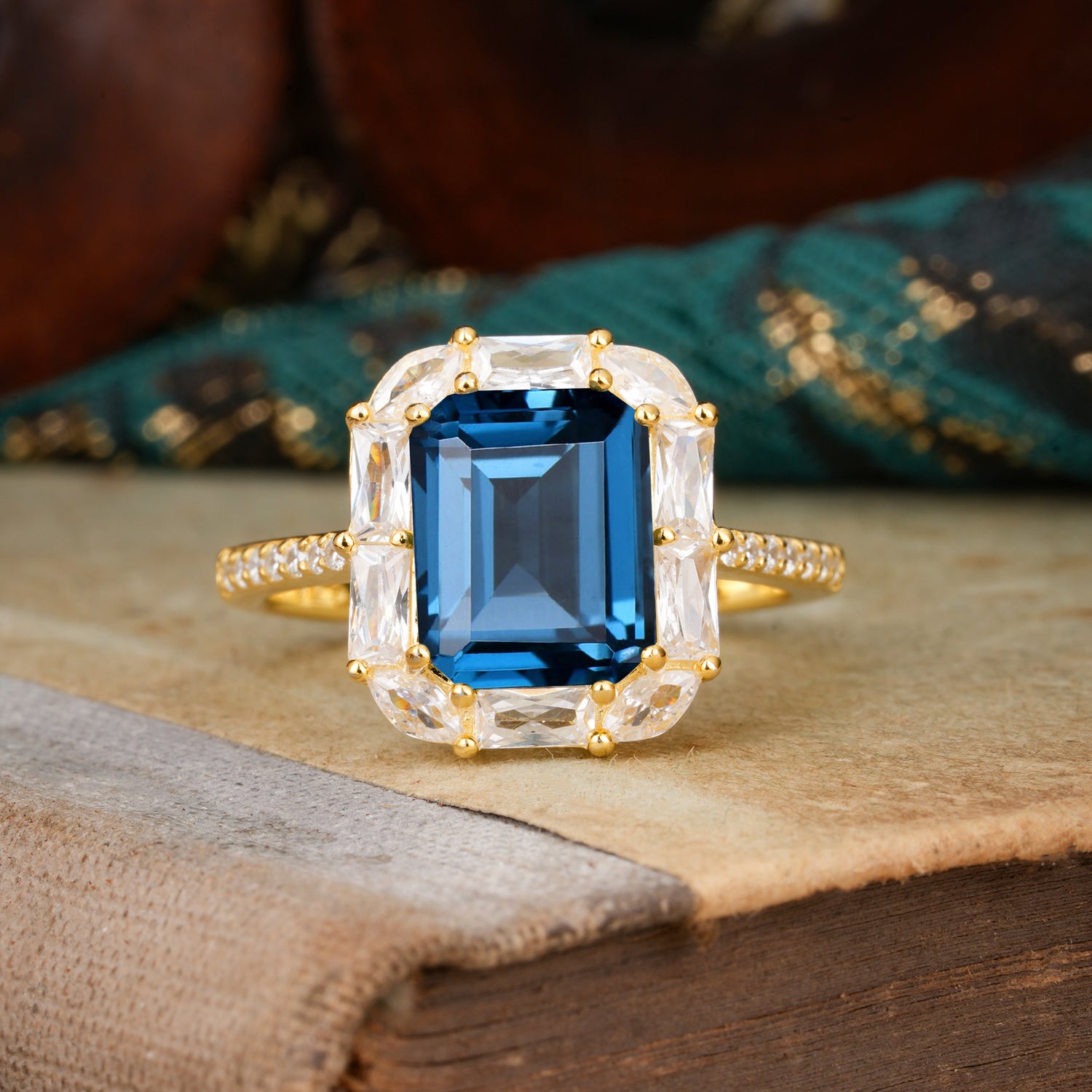 4CT Emerald Cut 8 Prong Sapphire Engagement Ring Pave Halo Bridal Ring