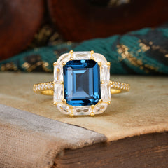 4CT Emerald Cut 8 Prong Sapphire Engagement Ring Pave Halo Bridal Ring