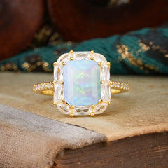 4CT Emerald Cut 8 Prong Opal Engagement Ring Pave Halo Bridal Ring