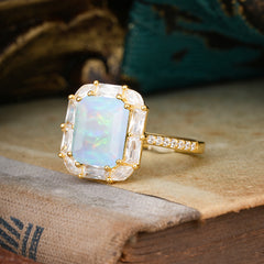 4CT Emerald Cut 8 Prong Opal Engagement Ring Pave Halo Bridal Ring