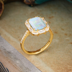4CT Emerald Cut 8 Prong Opal Engagement Ring Pave Halo Bridal Ring