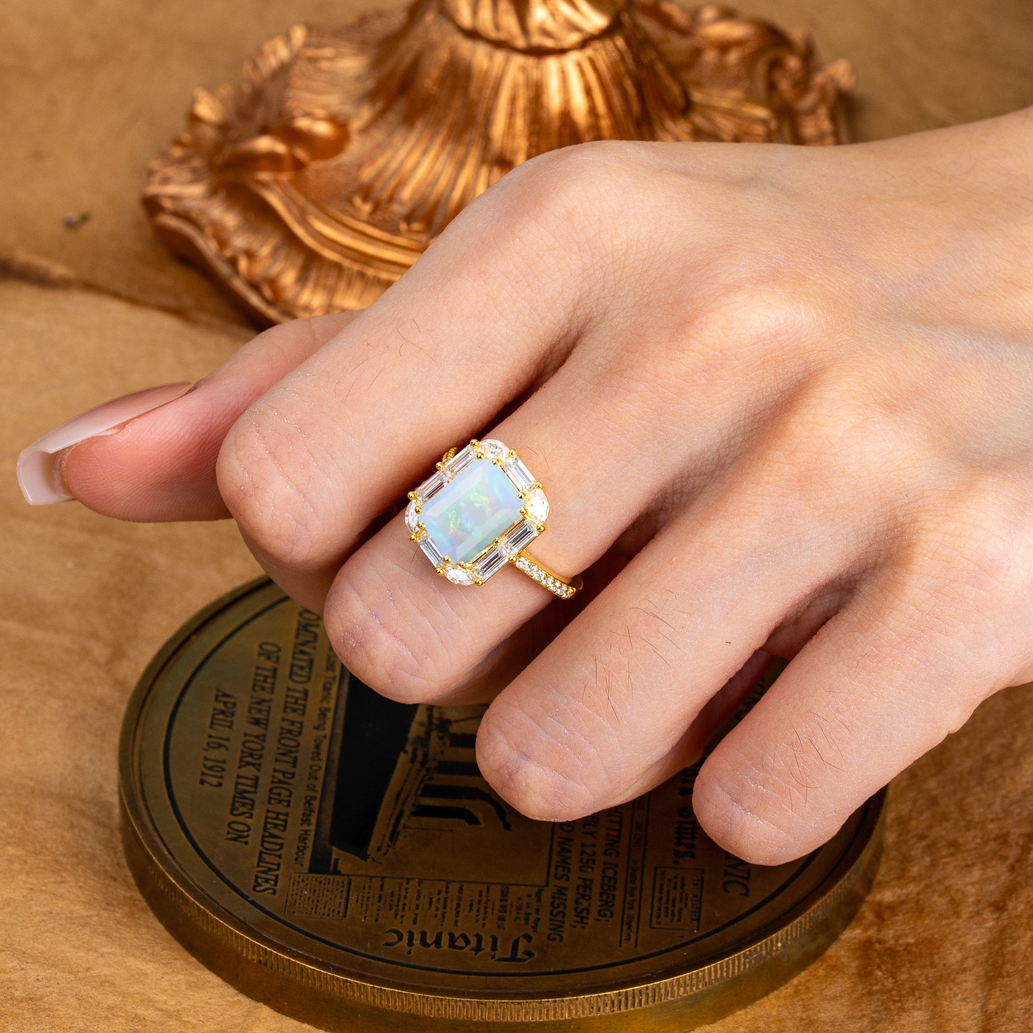 4CT Emerald Cut 8 Prong Opal Engagement Ring Pave Halo Bridal Ring