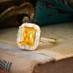 4CT Emerald Cut Citrine Engagement Ring Pave Halo Bridal Ring