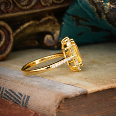 4CT Emerald Cut Citrine Engagement Ring Pave Halo Bridal Ring