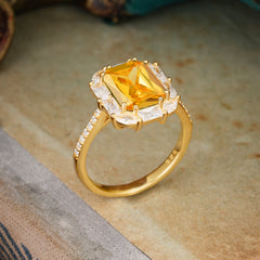 4CT Emerald Cut Citrine Engagement Ring Pave Halo Bridal Ring