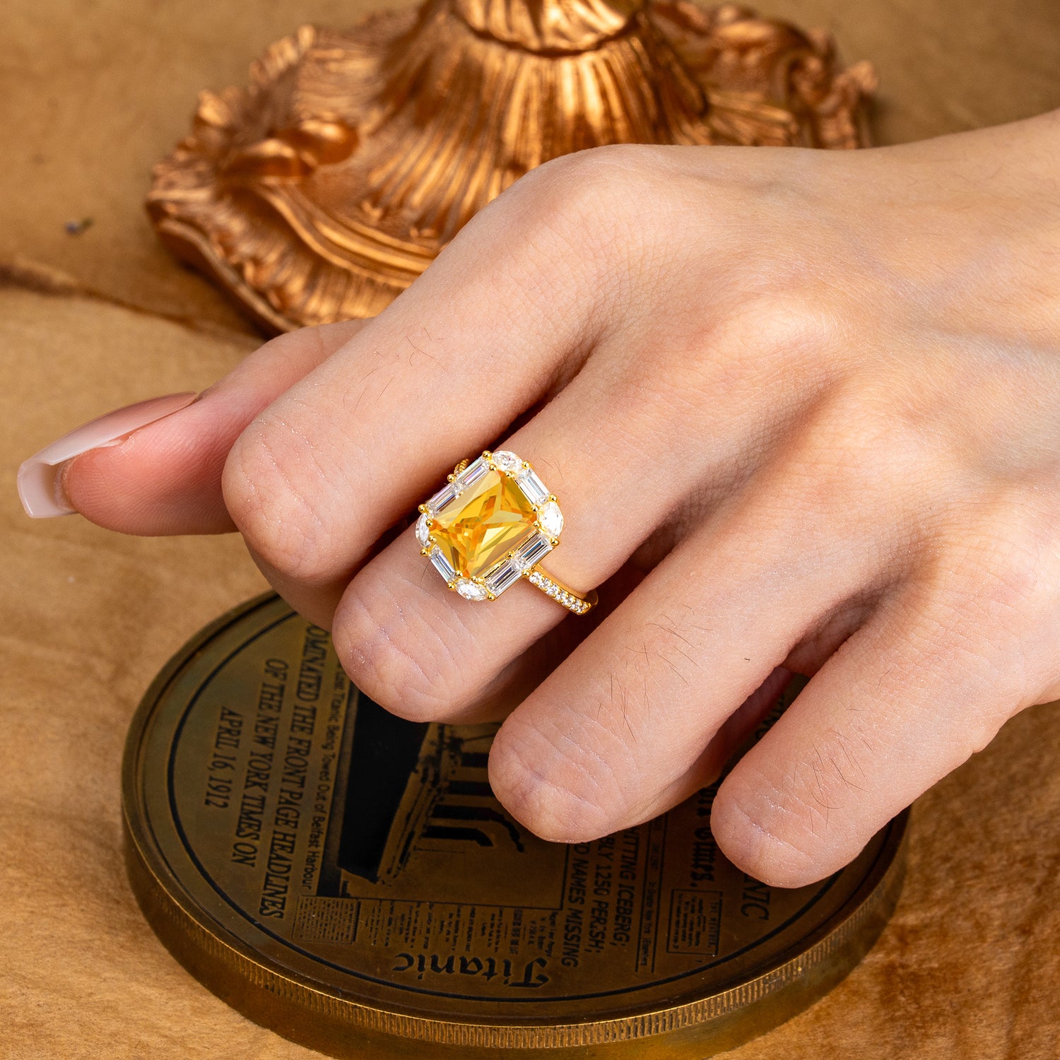 4CT Emerald Cut Citrine Engagement Ring Pave Halo Bridal Ring