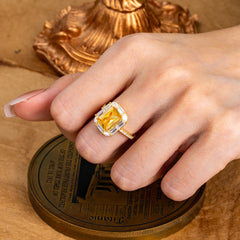 4CT Emerald Cut Citrine Engagement Ring Pave Halo Bridal Ring