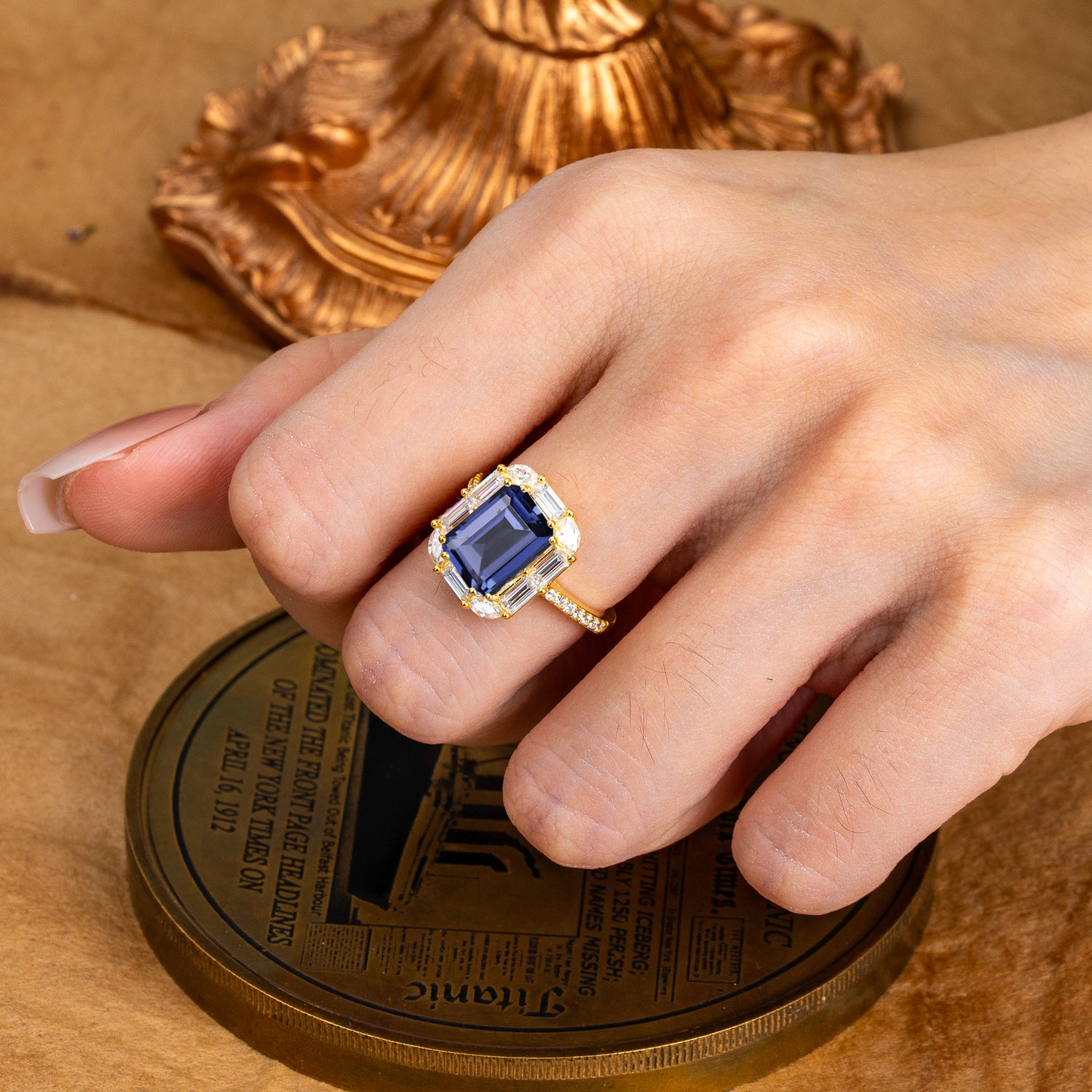 4CT Emerald Cut 8 Prong Sapphire Engagement Ring Pave Halo Bridal Ring
