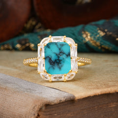 4CT Emerald Cut 8 Prong Turquoise Engagement Ring Pave Halo Bridal Ring