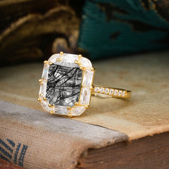 4CT Emerald Cut 8 Prong Black Rutilated Quartz Engagement Ring Pave Halo Bridal Ring