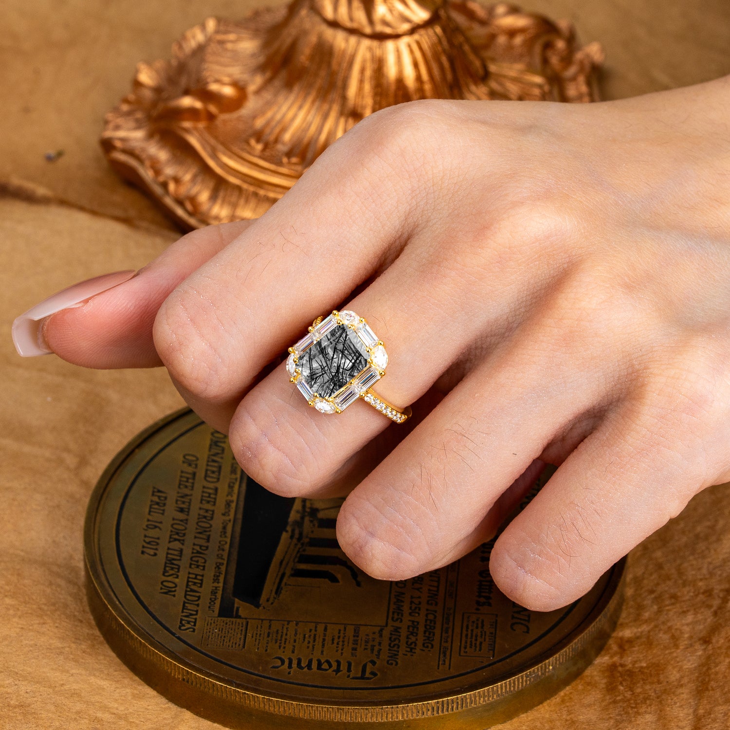 4CT Emerald Cut 8 Prong Black Rutilated Quartz Engagement Ring Pave Halo Bridal Ring