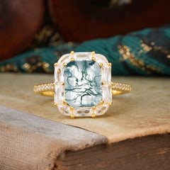 4CT Emerald Cut Moss Agate Engagement Ring Pave Halo Bridal Ring