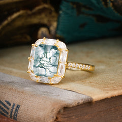 4CT Emerald Cut Moss Agate Engagement Ring Pave Halo Bridal Ring