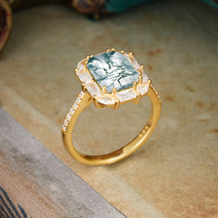 4CT Emerald Cut Moss Agate Engagement Ring Pave Halo Bridal Ring