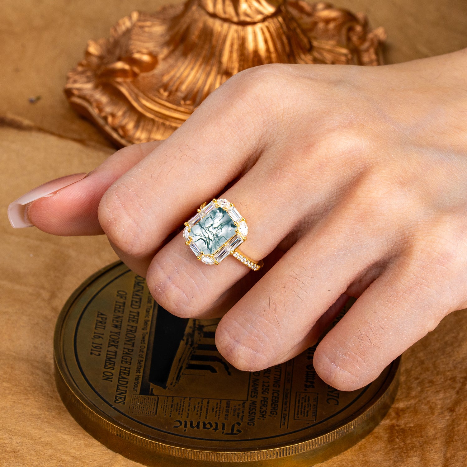 4CT Emerald Cut Moss Agate Engagement Ring Pave Halo Bridal Ring
