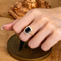 4CT Emerald Cut Black Onyx Engagement Ring Pave Halo Bridal Ring