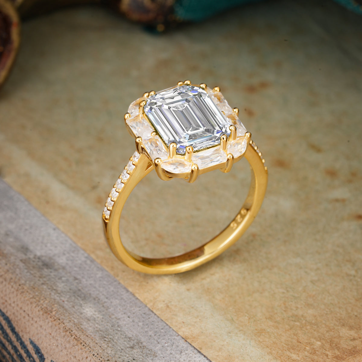 4CT Emerald Cut Lab Diamond Engagement Ring Pave Halo Bridal Ring     - Additional view