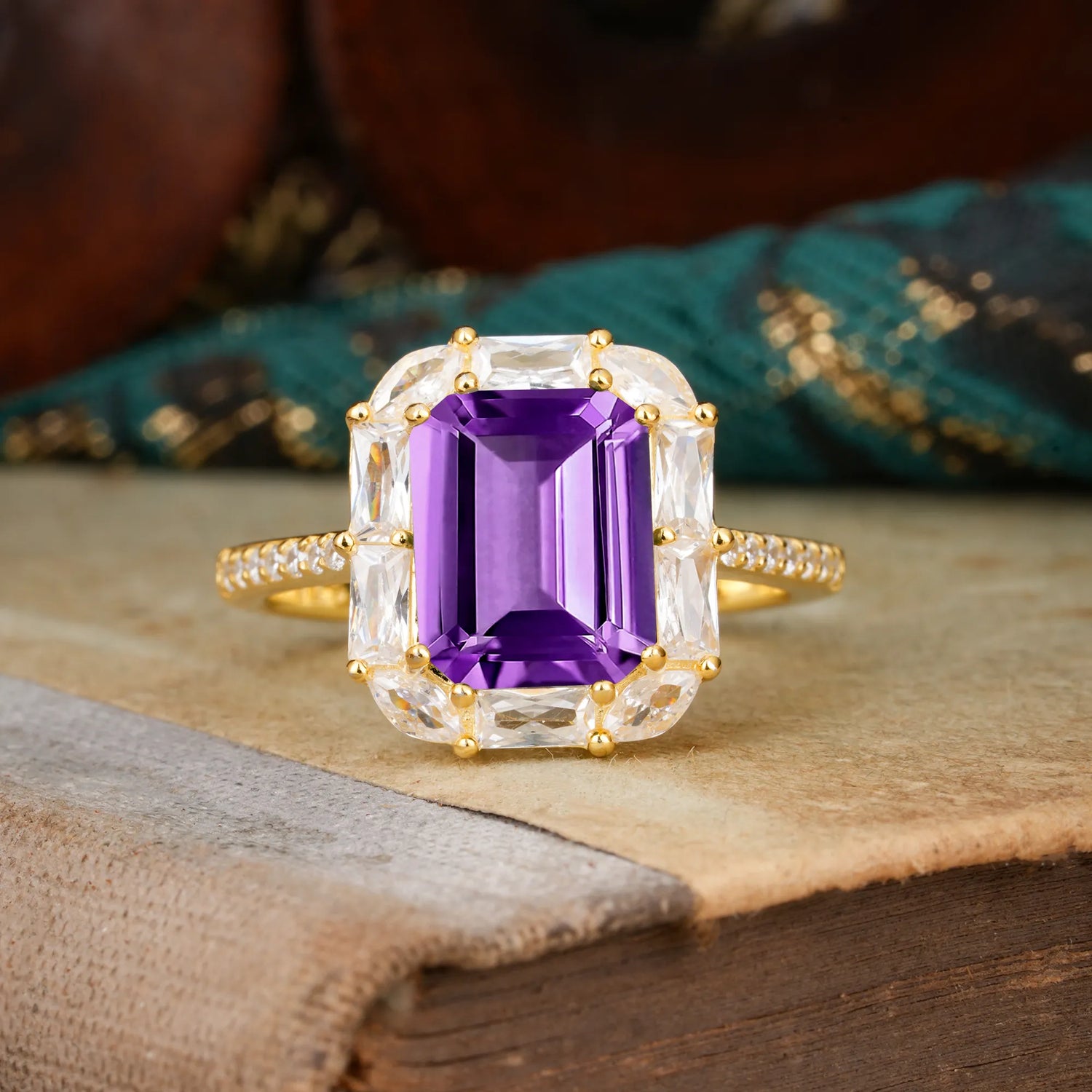 4CT Emerald Cut Amethyst Engagement Ring Pave Halo Bridal Ring
